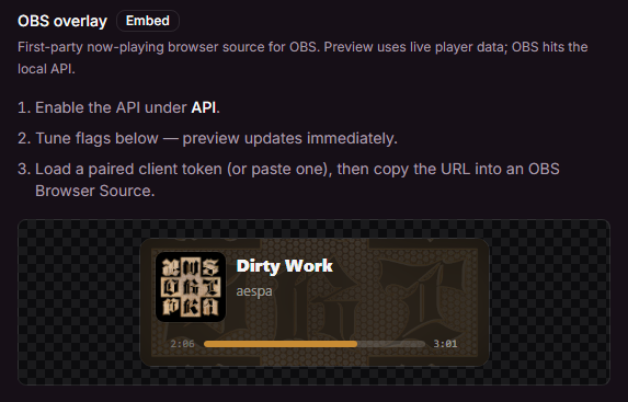 OBS overlay settings — live preview and flags